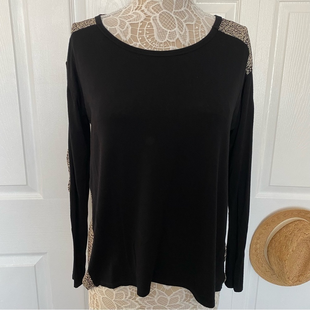 happening in the present long sleeve top black alphabet fabric back and elbows S